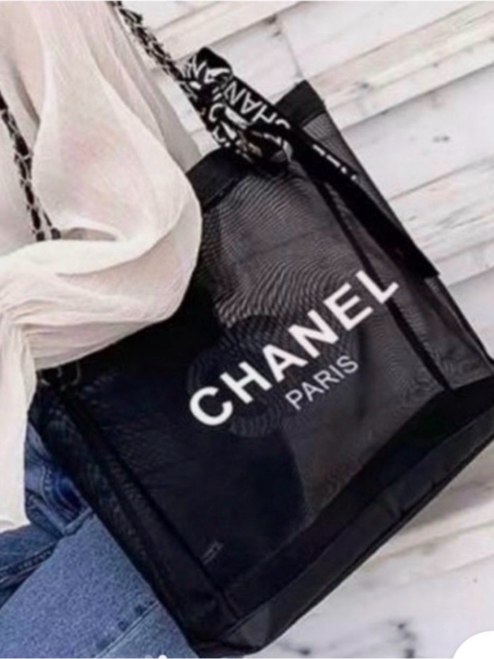 GWP CHANEL Black Mesh Logo Tote Bag